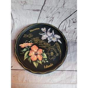 Hawaiian Islands Round State Souvenir Tray Tiki Decor Orchid Vintage Black Metal